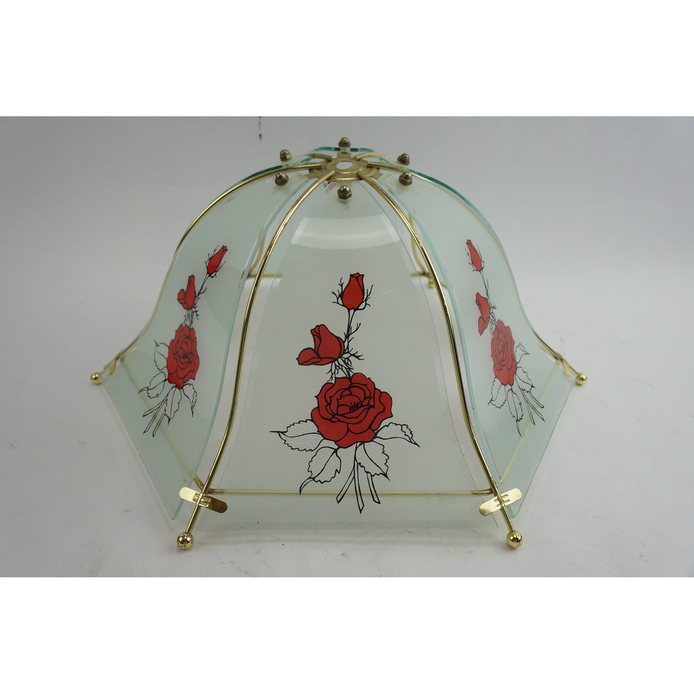 Vintage Lamp Shade 15.5" White‎ Red Rose Glass Brass Hexagon Excellent
